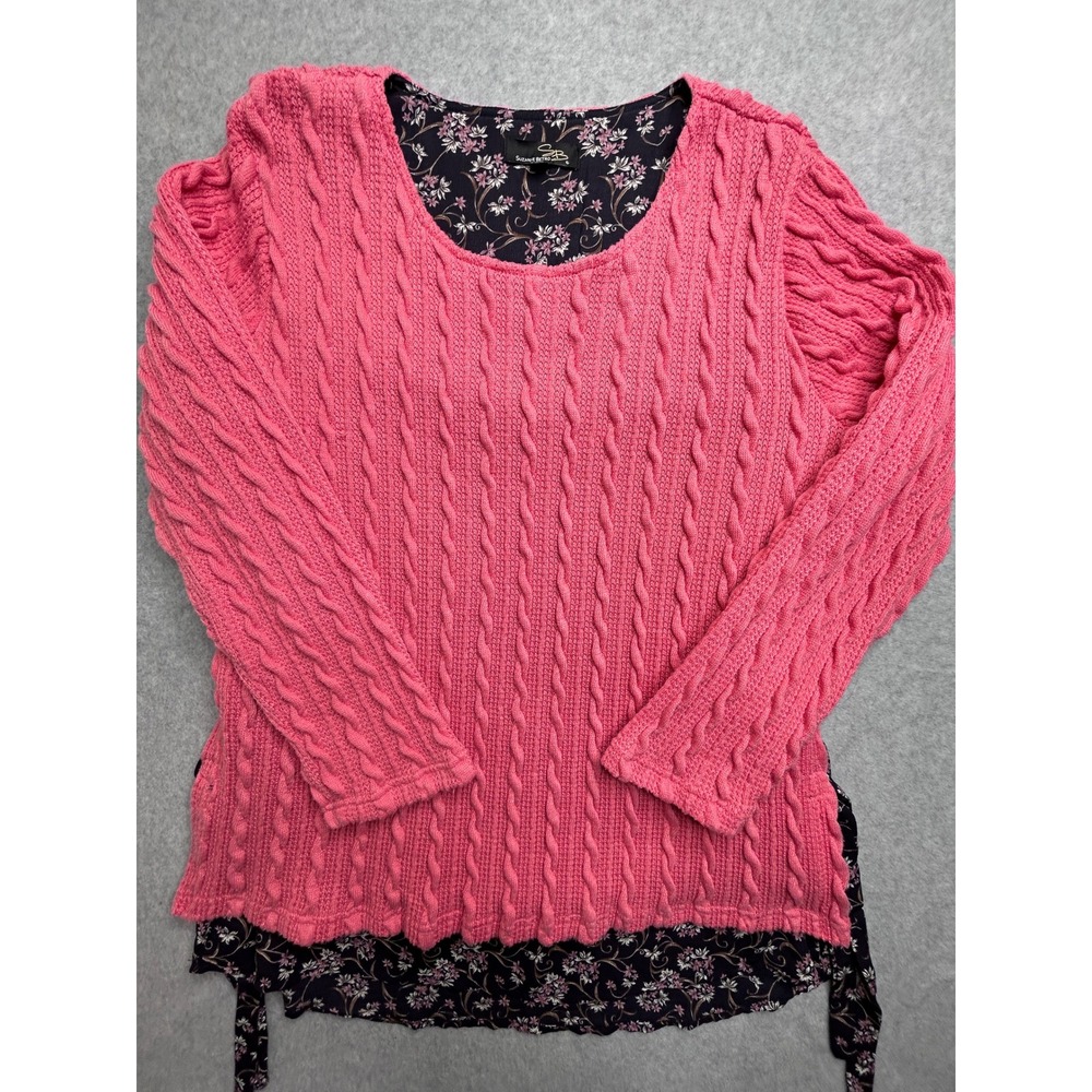 Suzanne Betro Pink Cable Knit Layered Floral Hem Sweater XL